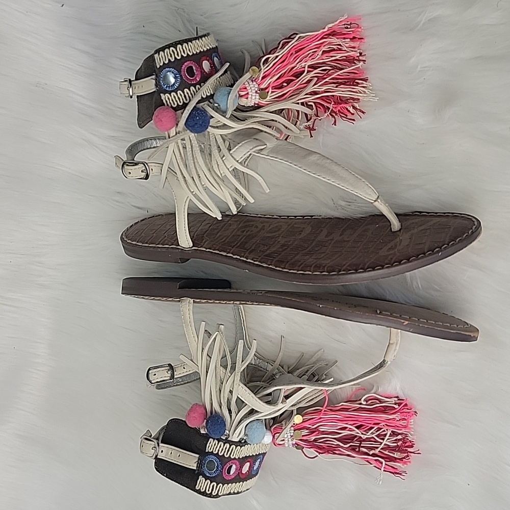 SAM EDELMAN Gere Western Fringe Pom‎ Pom Boho Hippie Gladiator Thong Sandals 8.5 - Picture 6 of 14